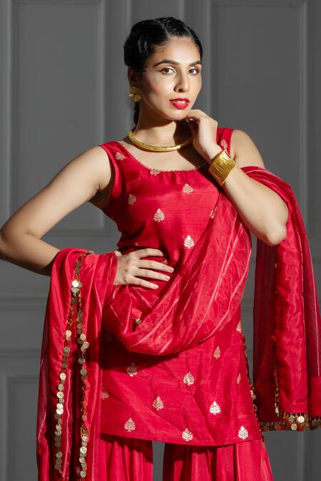 Monk & Mei By Sonia Anand_Red Organza, Silk, Brocade Scoop Neck Leaf Butti Pattern Kurta And Sharara Set _at_Aza_Fashions