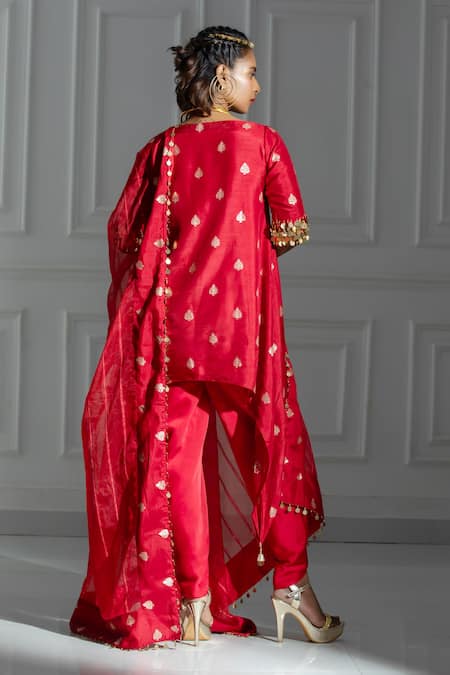 Shop Monk & Mei By Sonia Anand Red Organza, Silk, Brocade Leaf Butti Pattern Kurta And Tulip Dhoti Pant Set at Aza Fashions Shop_Monk & Mei By Sonia Anand_Red Organza, Silk, Brocade Leaf Butti Pattern Kurta And Tulip Dhoti Pant Set _at_Aza_Fashions