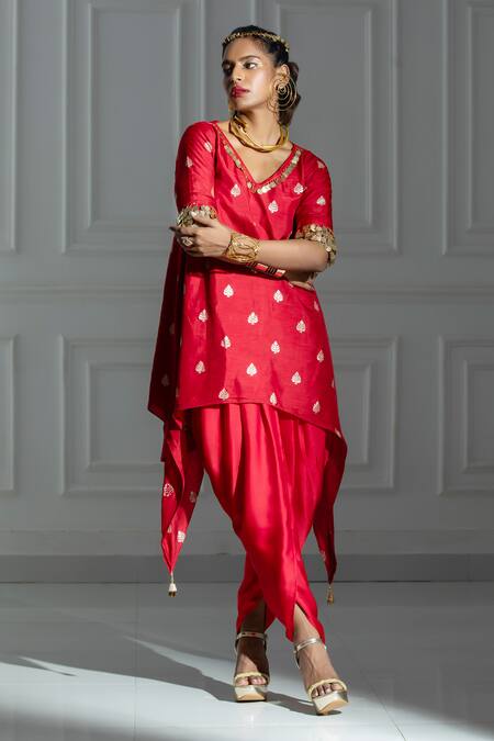 Monk & Mei By Sonia Anand Red Organza, Silk, Brocade Leaf Butti Pattern Kurta And Tulip Dhoti Pant Set Online at Aza Fashions Monk & Mei By Sonia Anand_Red Organza, Silk, Brocade Leaf Butti Pattern Kurta And Tulip Dhoti Pant Set _Online_at_Aza_Fashions