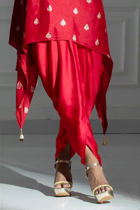 Buy Monk & Mei By Sonia Anand Red Organza, Silk, Brocade Leaf Butti Pattern Kurta And Tulip Dhoti Pant Set Online at Aza Fashions Buy_Monk & Mei By Sonia Anand_Red Organza, Silk, Brocade Leaf Butti Pattern Kurta And Tulip Dhoti Pant Set _Online_at_Aza_Fashions