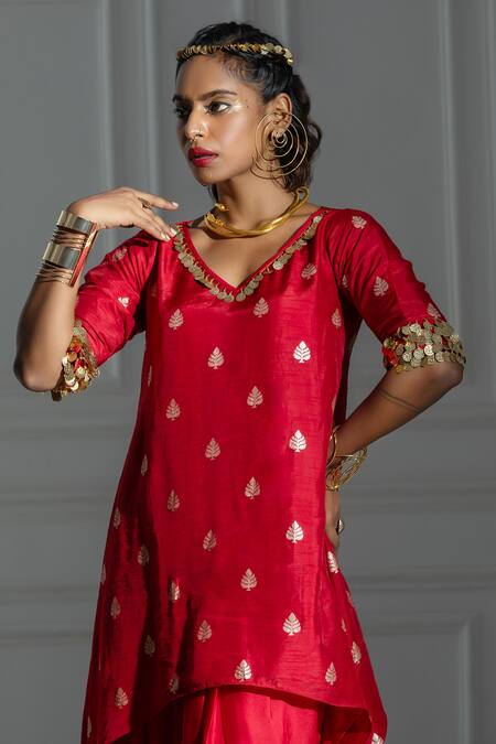Shop Monk & Mei By Sonia Anand Red Organza, Silk, Brocade Leaf Butti Pattern Kurta And Tulip Dhoti Pant Set Online at Aza Fashions Shop_Monk & Mei By Sonia Anand_Red Organza, Silk, Brocade Leaf Butti Pattern Kurta And Tulip Dhoti Pant Set _Online_at_Aza_Fashions