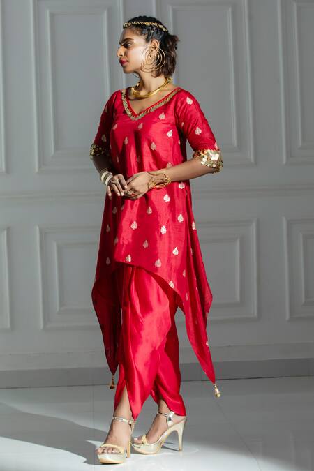 Monk & Mei By Sonia Anand Red Organza, Silk, Brocade Leaf Butti Pattern Kurta And Tulip Dhoti Pant Set at Aza Fashions Monk & Mei By Sonia Anand_Red Organza, Silk, Brocade Leaf Butti Pattern Kurta And Tulip Dhoti Pant Set _at_Aza_Fashions
