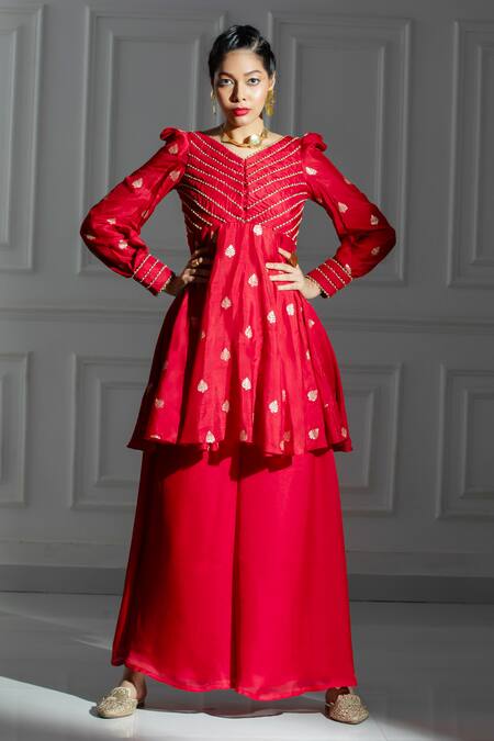 Monk & Mei By Sonia Anand_Red Organza, Silk, Brocade Leaf Butti Pattern Peplum Kurta And Palazzo Set _Online_at_Aza_Fashions