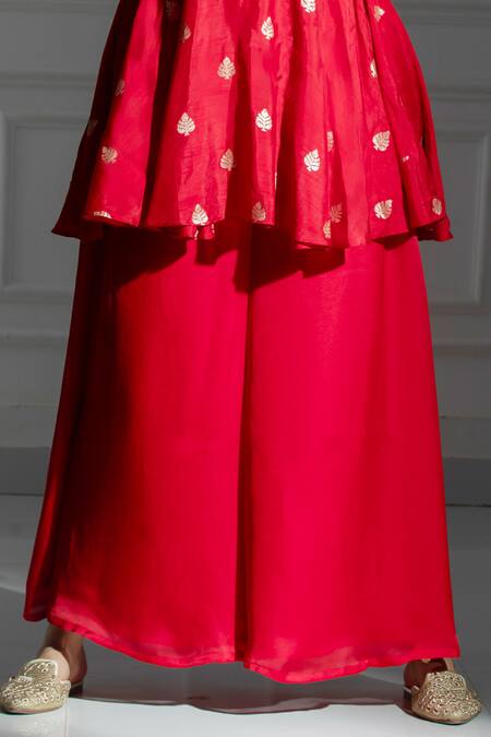 Buy_Monk & Mei By Sonia Anand_Red Organza, Silk, Brocade Leaf Butti Pattern Peplum Kurta And Palazzo Set _Online_at_Aza_Fashions
