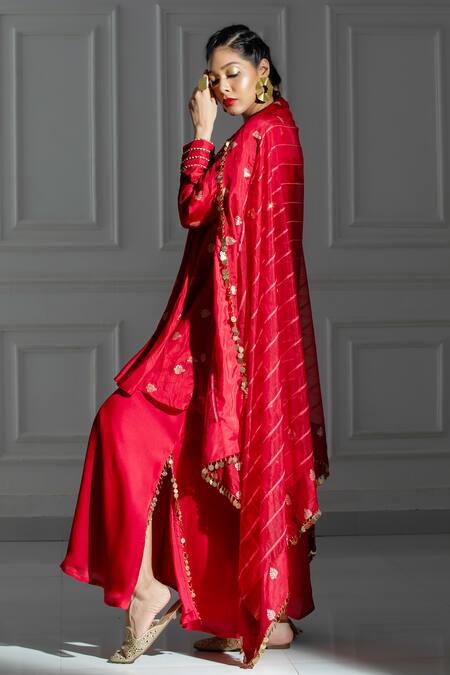 Shop_Monk & Mei By Sonia Anand_Red Organza, Silk, Brocade Leaf Butti Pattern Peplum Kurta And Palazzo Set _Online_at_Aza_Fashions