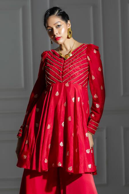 Monk & Mei By Sonia Anand_Red Organza, Silk, Brocade Leaf Butti Pattern Peplum Kurta And Palazzo Set _at_Aza_Fashions