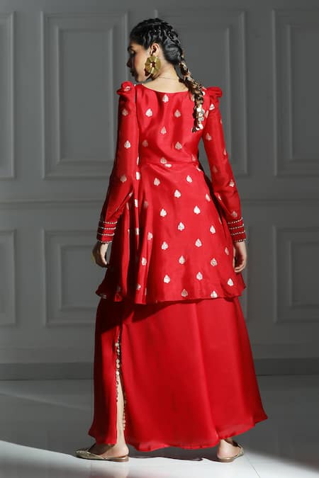 Shop Monk & Mei By Sonia Anand Red Silk, Brocade Embroidery V-neck Leaf Butti Pattern Peplum Kurta With Palazzo at Aza Fashions Shop_Monk & Mei By Sonia Anand_Red Silk, Brocade Embroidery V-neck Leaf Butti Pattern Peplum Kurta With Palazzo _at_Aza_Fashions
