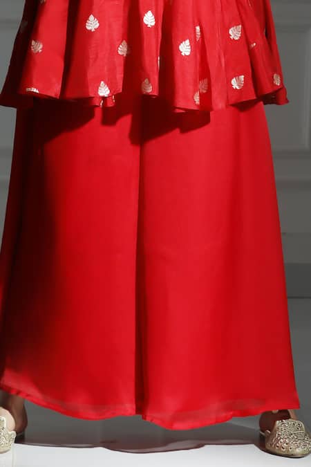 Monk & Mei By Sonia Anand Red Silk, Brocade Embroidery V-neck Leaf Butti Pattern Peplum Kurta With Palazzo Online at Aza Fashions Monk & Mei By Sonia Anand_Red Silk, Brocade Embroidery V-neck Leaf Butti Pattern Peplum Kurta With Palazzo _Online_at_Aza_Fashions