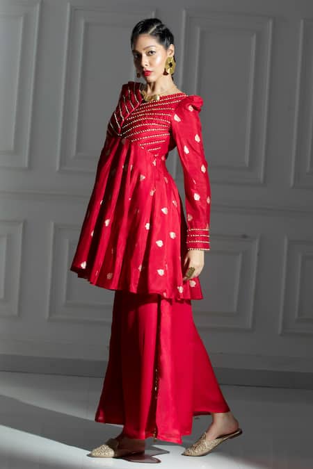 Buy Monk & Mei By Sonia Anand Red Silk, Brocade Embroidery V-neck Leaf Butti Pattern Peplum Kurta With Palazzo Online at Aza Fashions Buy_Monk & Mei By Sonia Anand_Red Silk, Brocade Embroidery V-neck Leaf Butti Pattern Peplum Kurta With Palazzo _Online_at_Aza_Fashions