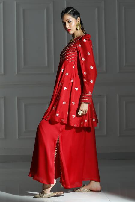 Shop Monk & Mei By Sonia Anand Red Silk, Brocade Embroidery V-neck Leaf Butti Pattern Peplum Kurta With Palazzo Online at Aza Fashions Shop_Monk & Mei By Sonia Anand_Red Silk, Brocade Embroidery V-neck Leaf Butti Pattern Peplum Kurta With Palazzo _Online_at_Aza_Fashions
