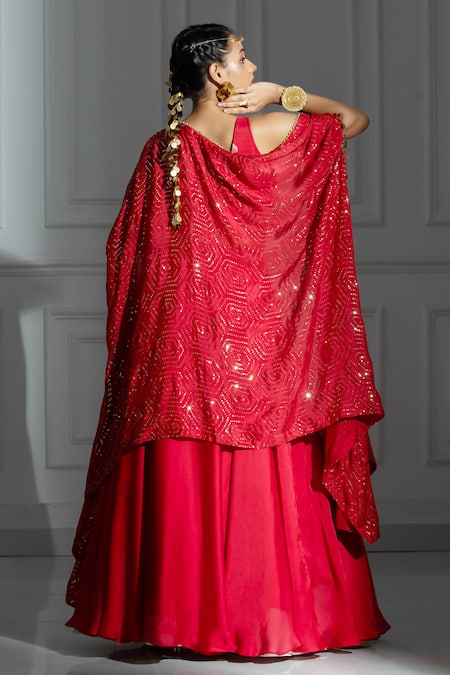 Monk & Mei By Sonia Anand Sequin Embellished Cape & Lehenga Set 