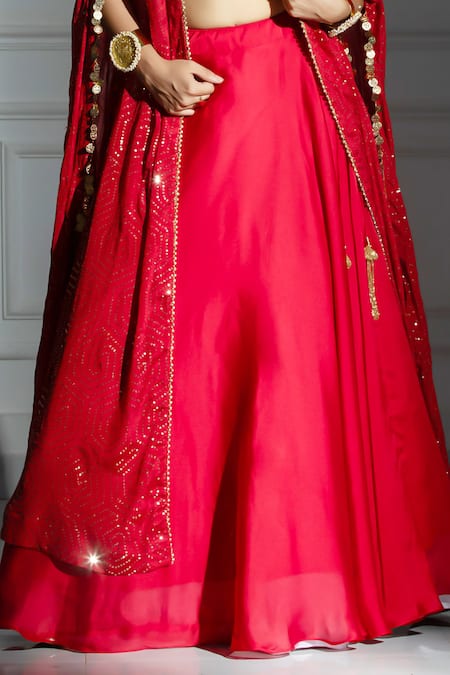 Monk & Mei By Sonia Anand_Red Silk, Brocade, Organza Sequins Open Neck Embellished Cape And Lehenga Set _Online_at_Aza_Fashions