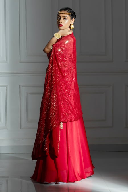 Buy_Monk & Mei By Sonia Anand_Red Silk, Brocade, Organza Sequins Open Neck Embellished Cape And Lehenga Set _Online_at_Aza_Fashions