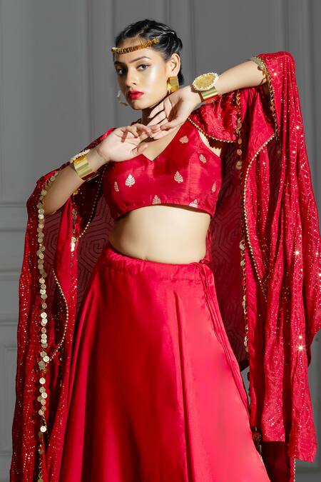 Monk & Mei By Sonia Anand_Red Silk, Brocade, Organza Sequins Open Neck Embellished Cape And Lehenga Set _at_Aza_Fashions