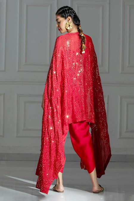 Shop Monk & Mei By Sonia Anand Red Georgette, Organza Sequins Square Neck Embellished Cape And Dhoti Pant Set at Aza Fashions Shop_Monk & Mei By Sonia Anand_Red Georgette, Organza Sequins Square Neck Embellished Cape And Dhoti Pant Set _at_Aza_Fashions