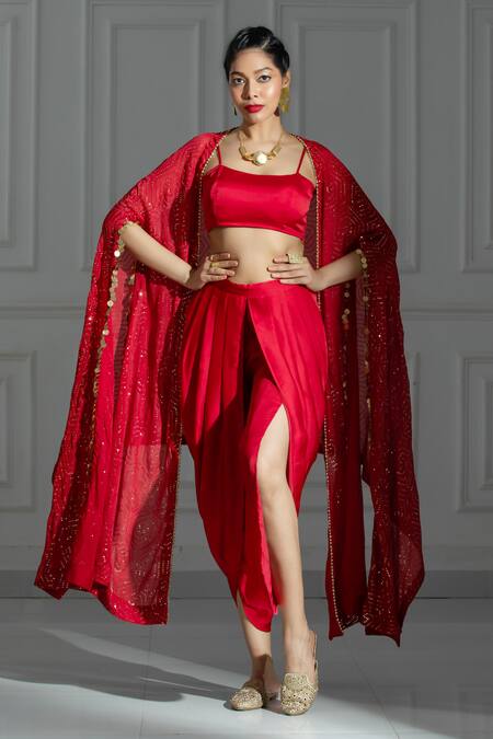 Monk & Mei By Sonia Anand Red Georgette, Organza Sequins Square Neck Embellished Cape And Dhoti Pant Set Online at Aza Fashions Monk & Mei By Sonia Anand_Red Georgette, Organza Sequins Square Neck Embellished Cape And Dhoti Pant Set _Online_at_Aza_Fashions