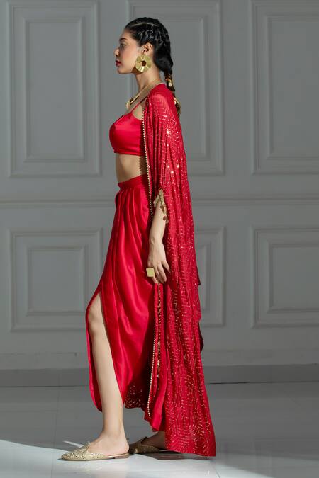 Shop Monk & Mei By Sonia Anand Red Georgette, Organza Sequins Square Neck Embellished Cape And Dhoti Pant Set Online at Aza Fashions Shop_Monk & Mei By Sonia Anand_Red Georgette, Organza Sequins Square Neck Embellished Cape And Dhoti Pant Set _Online_at_Aza_Fashions