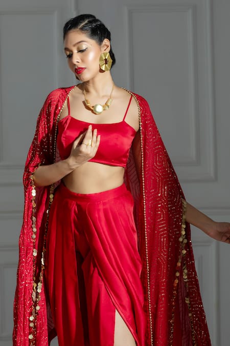 Monk & Mei By Sonia Anand Red Georgette, Organza Sequins Square Neck Embellished Cape And Dhoti Pant Set at Aza Fashions Monk & Mei By Sonia Anand_Red Georgette, Organza Sequins Square Neck Embellished Cape And Dhoti Pant Set _at_Aza_Fashions