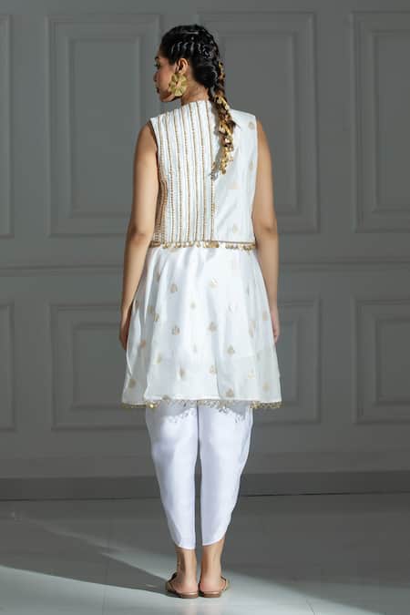 Shop Monk & Mei By Sonia Anand Ivory Organza, Silk, Brocade Sequins Leaf Butti Pattern Kurta With Dhoti Pant at Aza Fashions Shop_Monk & Mei By Sonia Anand_Ivory Organza, Silk, Brocade Sequins Leaf Butti Pattern Kurta With Dhoti Pant _at_Aza_Fashions