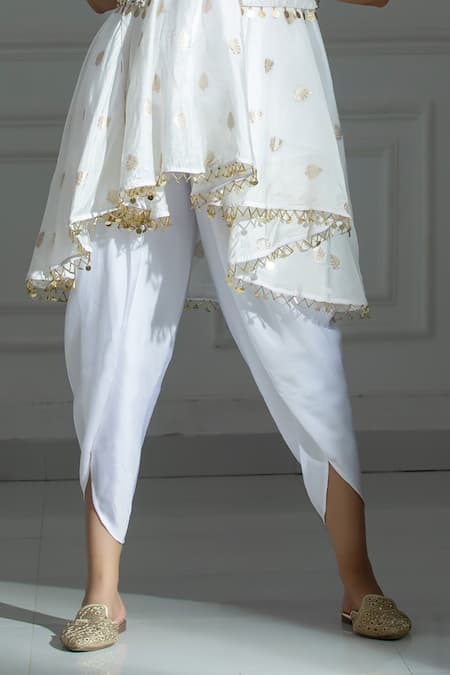 Monk & Mei By Sonia Anand Ivory Organza, Silk, Brocade Sequins Leaf Butti Pattern Kurta With Dhoti Pant Online at Aza Fashions Monk & Mei By Sonia Anand_Ivory Organza, Silk, Brocade Sequins Leaf Butti Pattern Kurta With Dhoti Pant _Online_at_Aza_Fashions