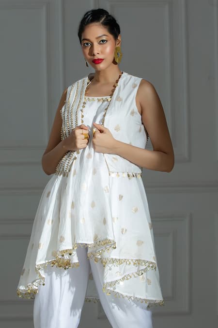 Buy Monk & Mei By Sonia Anand Ivory Organza, Silk, Brocade Sequins Leaf Butti Pattern Kurta With Dhoti Pant Online at Aza Fashions Buy_Monk & Mei By Sonia Anand_Ivory Organza, Silk, Brocade Sequins Leaf Butti Pattern Kurta With Dhoti Pant _Online_at_Aza_Fashions