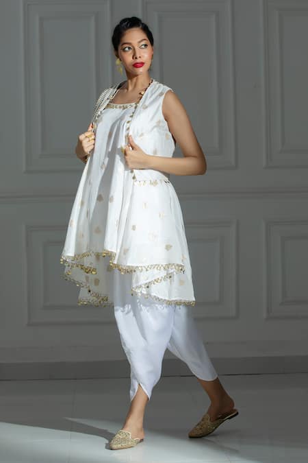 Shop Monk & Mei By Sonia Anand Ivory Organza, Silk, Brocade Sequins Leaf Butti Pattern Kurta With Dhoti Pant Online at Aza Fashions Shop_Monk & Mei By Sonia Anand_Ivory Organza, Silk, Brocade Sequins Leaf Butti Pattern Kurta With Dhoti Pant _Online_at_Aza_Fashions