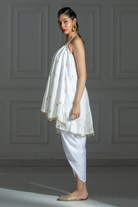 Monk & Mei By Sonia Anand Ivory Organza, Silk, Brocade Sequins Leaf Butti Pattern Kurta With Dhoti Pant at Aza Fashions Monk & Mei By Sonia Anand_Ivory Organza, Silk, Brocade Sequins Leaf Butti Pattern Kurta With Dhoti Pant _at_Aza_Fashions