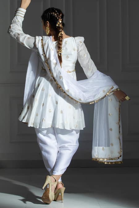 Shop Monk & Mei By Sonia Anand Ivory Organza, Silk, Brocade Leaf Butti Pattern Peplum Kurta And Tulip Pant Set at Aza Fashions Shop_Monk & Mei By Sonia Anand_Ivory Organza, Silk, Brocade Leaf Butti Pattern Peplum Kurta And Tulip Pant Set _at_Aza_Fashions
