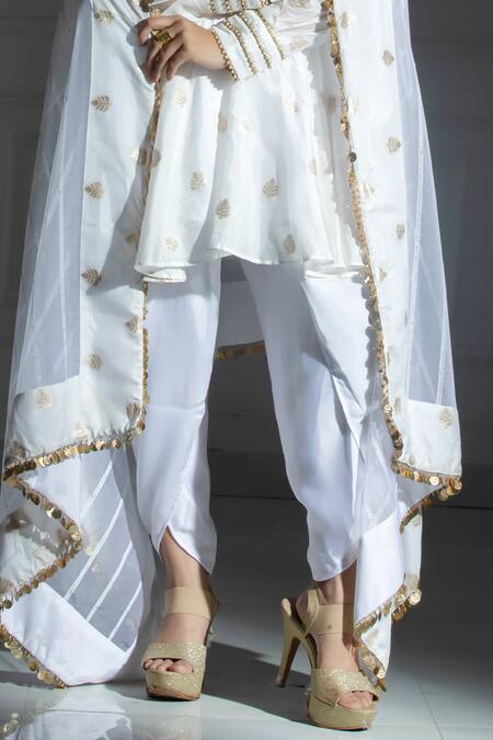 Monk & Mei By Sonia Anand Ivory Organza, Silk, Brocade Leaf Butti Pattern Peplum Kurta And Tulip Pant Set Online at Aza Fashions Monk & Mei By Sonia Anand_Ivory Organza, Silk, Brocade Leaf Butti Pattern Peplum Kurta And Tulip Pant Set _Online_at_Aza_Fashions