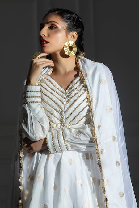 Buy Monk & Mei By Sonia Anand Ivory Organza, Silk, Brocade Leaf Butti Pattern Peplum Kurta And Tulip Pant Set Online at Aza Fashions Buy_Monk & Mei By Sonia Anand_Ivory Organza, Silk, Brocade Leaf Butti Pattern Peplum Kurta And Tulip Pant Set _Online_at_Aza_Fashions
