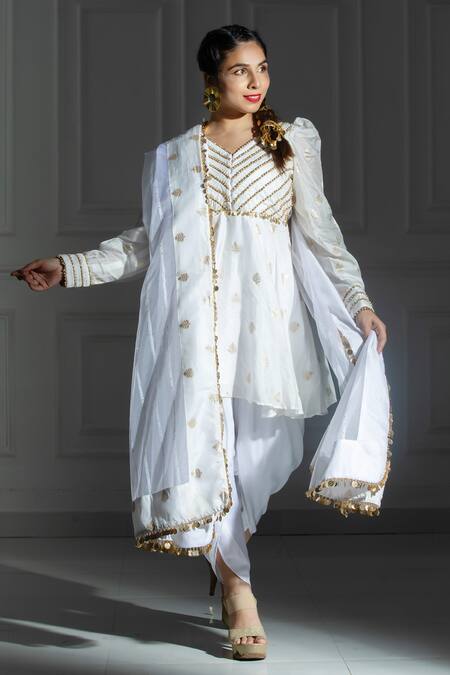 Shop Monk & Mei By Sonia Anand Ivory Organza, Silk, Brocade Leaf Butti Pattern Peplum Kurta And Tulip Pant Set Online at Aza Fashions Shop_Monk & Mei By Sonia Anand_Ivory Organza, Silk, Brocade Leaf Butti Pattern Peplum Kurta And Tulip Pant Set _Online_at_Aza_Fashions