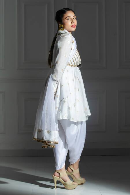 Monk & Mei By Sonia Anand Ivory Organza, Silk, Brocade Leaf Butti Pattern Peplum Kurta And Tulip Pant Set at Aza Fashions Monk & Mei By Sonia Anand_Ivory Organza, Silk, Brocade Leaf Butti Pattern Peplum Kurta And Tulip Pant Set _at_Aza_Fashions