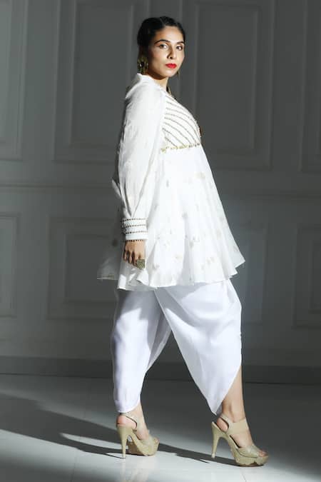 Shop Monk & Mei By Sonia Anand Ivory Georgette Embroidery Leaf Butti Pattern Peplum Kurta With Tulip Pant at Aza Fashions Shop_Monk & Mei By Sonia Anand_Ivory Georgette Embroidery Leaf Butti Pattern Peplum Kurta With Tulip Pant _at_Aza_Fashions