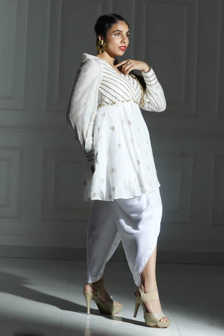 Buy Monk & Mei By Sonia Anand Ivory Georgette Embroidery Leaf Butti Pattern Peplum Kurta With Tulip Pant Online at Aza Fashions Buy_Monk & Mei By Sonia Anand_Ivory Georgette Embroidery Leaf Butti Pattern Peplum Kurta With Tulip Pant _Online_at_Aza_Fashions