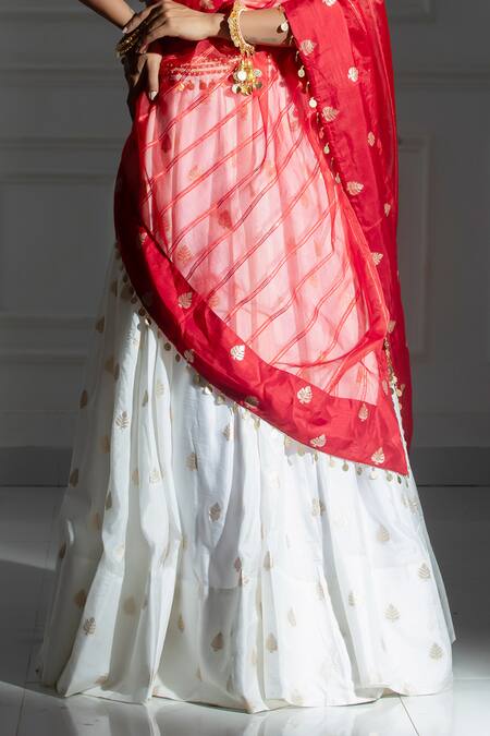 Monk & Mei By Sonia Anand_Ivory Silk, Brocade, Organza Leaf Butti Woven Pattern Lehenga And Blouse Set _Online_at_Aza_Fashions