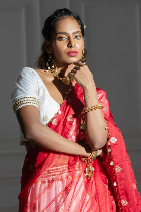 Buy_Monk & Mei By Sonia Anand_Ivory Silk, Brocade, Organza Leaf Butti Woven Pattern Lehenga And Blouse Set _Online_at_Aza_Fashions