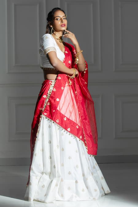 Shop_Monk & Mei By Sonia Anand_Ivory Silk, Brocade, Organza Leaf Butti Woven Pattern Lehenga And Blouse Set _Online_at_Aza_Fashions