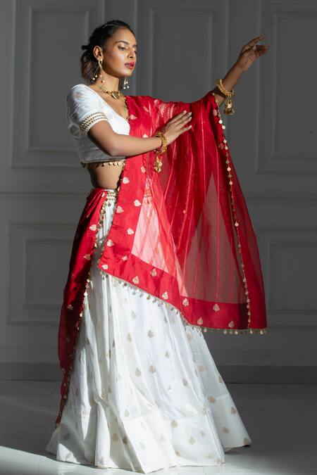 Monk & Mei By Sonia Anand_Ivory Silk, Brocade, Organza Leaf Butti Woven Pattern Lehenga And Blouse Set _at_Aza_Fashions