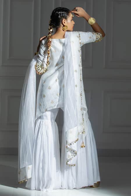 Shop Monk & Mei By Sonia Anand Ivory Silk, Organza, Brocade Leaf Butti Woven Pattern Kurta And Sharara Set at Aza Fashions Shop_Monk & Mei By Sonia Anand_Ivory Silk, Organza, Brocade Leaf Butti Woven Pattern Kurta And Sharara Set _at_Aza_Fashions