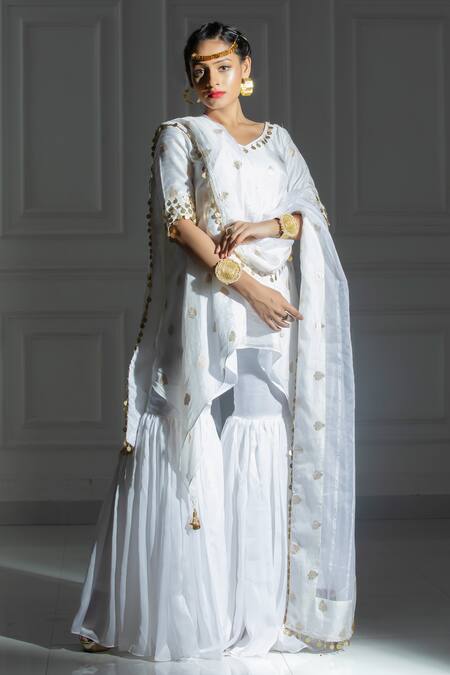 Monk & Mei By Sonia Anand Ivory Silk, Organza, Brocade Leaf Butti Woven Pattern Kurta And Sharara Set Online at Aza Fashions Monk & Mei By Sonia Anand_Ivory Silk, Organza, Brocade Leaf Butti Woven Pattern Kurta And Sharara Set _Online_at_Aza_Fashions