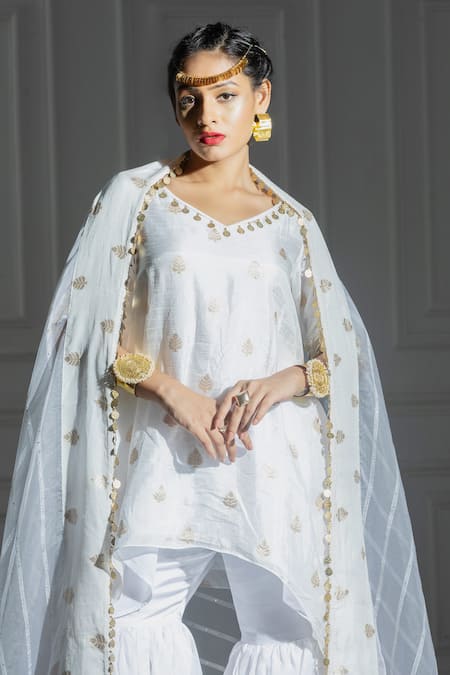 Shop Monk & Mei By Sonia Anand Ivory Silk, Organza, Brocade Leaf Butti Woven Pattern Kurta And Sharara Set Online at Aza Fashions Shop_Monk & Mei By Sonia Anand_Ivory Silk, Organza, Brocade Leaf Butti Woven Pattern Kurta And Sharara Set _Online_at_Aza_Fashions