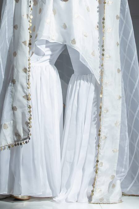 Monk & Mei By Sonia Anand Ivory Silk, Organza, Brocade Leaf Butti Woven Pattern Kurta And Sharara Set at Aza Fashions Monk & Mei By Sonia Anand_Ivory Silk, Organza, Brocade Leaf Butti Woven Pattern Kurta And Sharara Set _at_Aza_Fashions