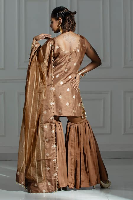 Monk & Mei By Sonia Anand Brown Organza, Silk, Brocade Straight Leaf Butti Pattern Kurta And Sharara Set Online at Aza Fashions Monk & Mei By Sonia Anand_Brown Organza, Silk, Brocade Straight Leaf Butti Pattern Kurta And Sharara Set _Online_at_Aza_Fashions