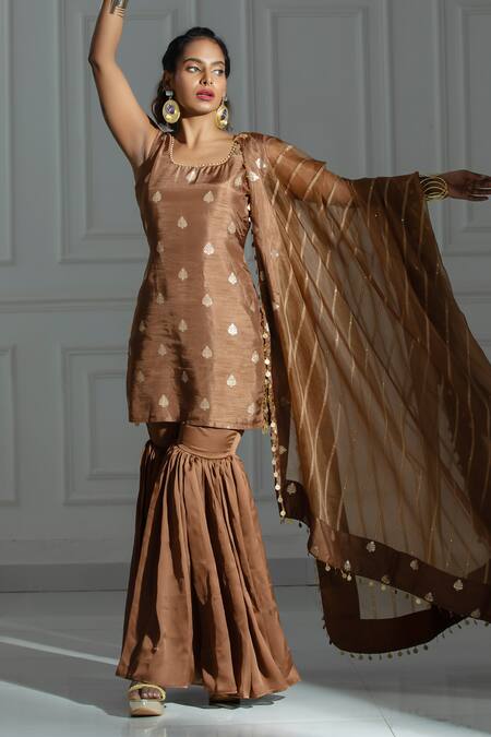 Shop Monk & Mei By Sonia Anand Brown Organza, Silk, Brocade Straight Leaf Butti Pattern Kurta And Sharara Set Online at Aza Fashions Shop_Monk & Mei By Sonia Anand_Brown Organza, Silk, Brocade Straight Leaf Butti Pattern Kurta And Sharara Set _Online_at_Aza_Fashions