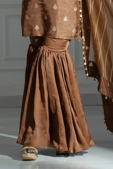 Monk & Mei By Sonia Anand Brown Organza, Silk, Brocade Straight Leaf Butti Pattern Kurta And Sharara Set at Aza Fashions Monk & Mei By Sonia Anand_Brown Organza, Silk, Brocade Straight Leaf Butti Pattern Kurta And Sharara Set _at_Aza_Fashions