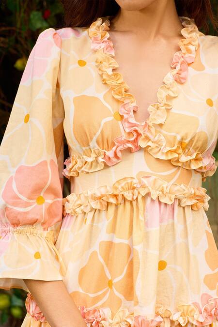 Buy_Zazu_Peach Cotton Satin Ruffles V-neck Bali Bloom Print Short Dress _Online_at_Aza_Fashions