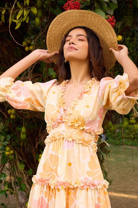 Shop_Zazu_Peach Cotton Satin Ruffles V-neck Bali Bloom Print Short Dress _Online_at_Aza_Fashions