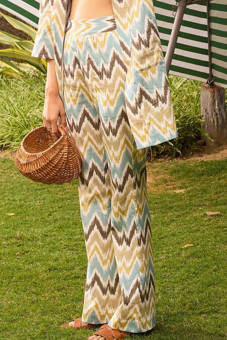 Shop Zazu Multi Color Cotton Satin Open Neck Casablanca Chevron Print Jacket And Pant Set Online at Aza Fashions Shop_Zazu_Multi Color Cotton Satin Open Neck Casablanca Chevron Print Jacket And Pant Set_Online_at_Aza_Fashions