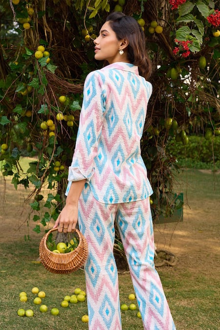 Shop Zazu Blue Cotton Collared Nicosia Ikat Diamond Print Shirt With Pant at Aza Fashions Shop_Zazu_Blue Cotton Collared Nicosia Ikat Diamond Print Shirt With Pant _at_Aza_Fashions