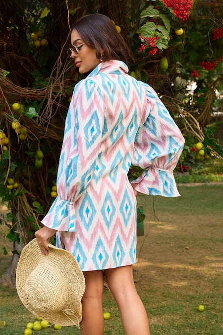 Shop Zazu Blue Cotton Satin Collared Nicosia Ikat Diamond Print Signature Shirt Dress at Aza Fashions Shop_Zazu_Blue Cotton Satin Collared Nicosia Ikat Diamond Print Signature Shirt Dress _at_Aza_Fashions